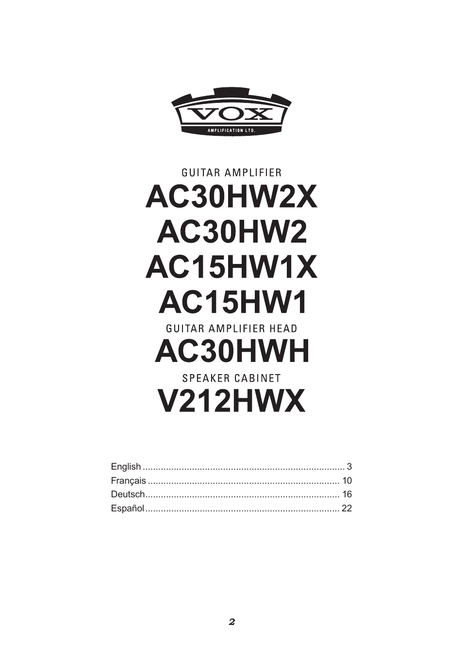 VOX Amplification USA V212HWX User Manual | Page 2 / 28