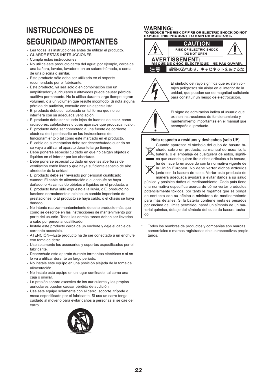 Español, Instrucciones de seguridad importantes, Nota respecto a residuos y deshechos (solo ue) | VOX Amplification USA V212HWX User Manual | Page 22 / 28