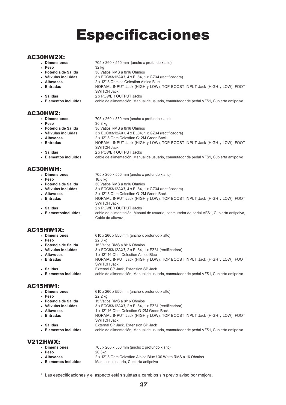 Especificaciones, Ac30hw2x, Ac30hw2 | Ac30hwh, Ac15hw1x, Ac15hw1, V212hwx | VOX Amplification USA V212HWX User Manual | Page 27 / 28