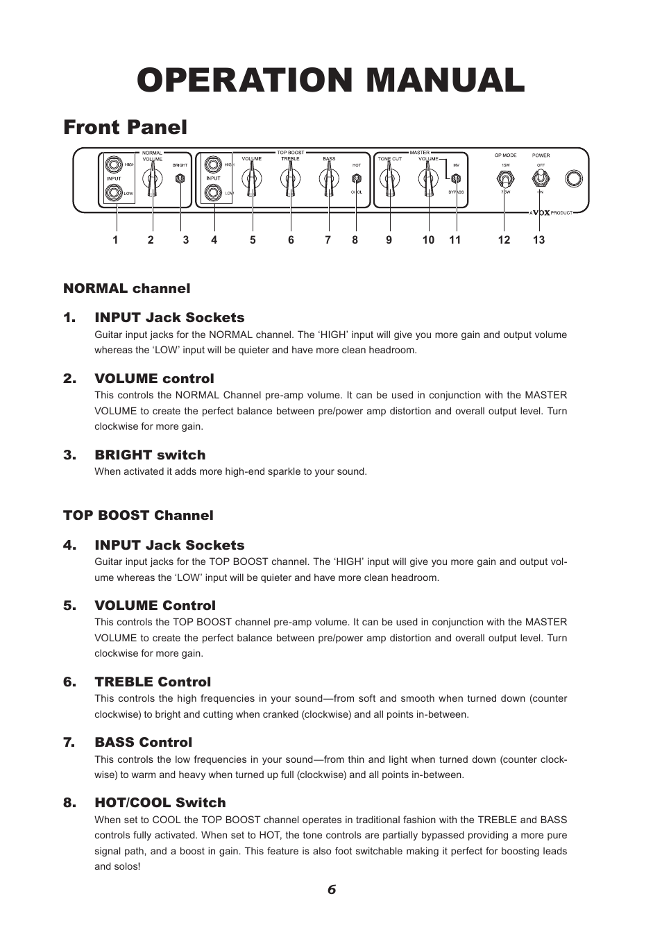 Operation manual, Front panel | VOX Amplification USA V212HWX User Manual | Page 6 / 28