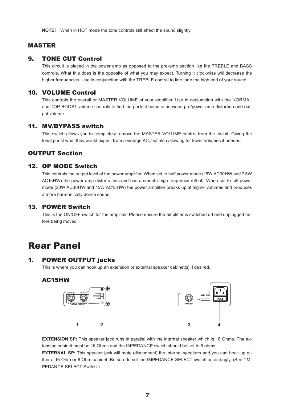 Rear panel | VOX Amplification USA V212HWX User Manual | Page 7 / 28