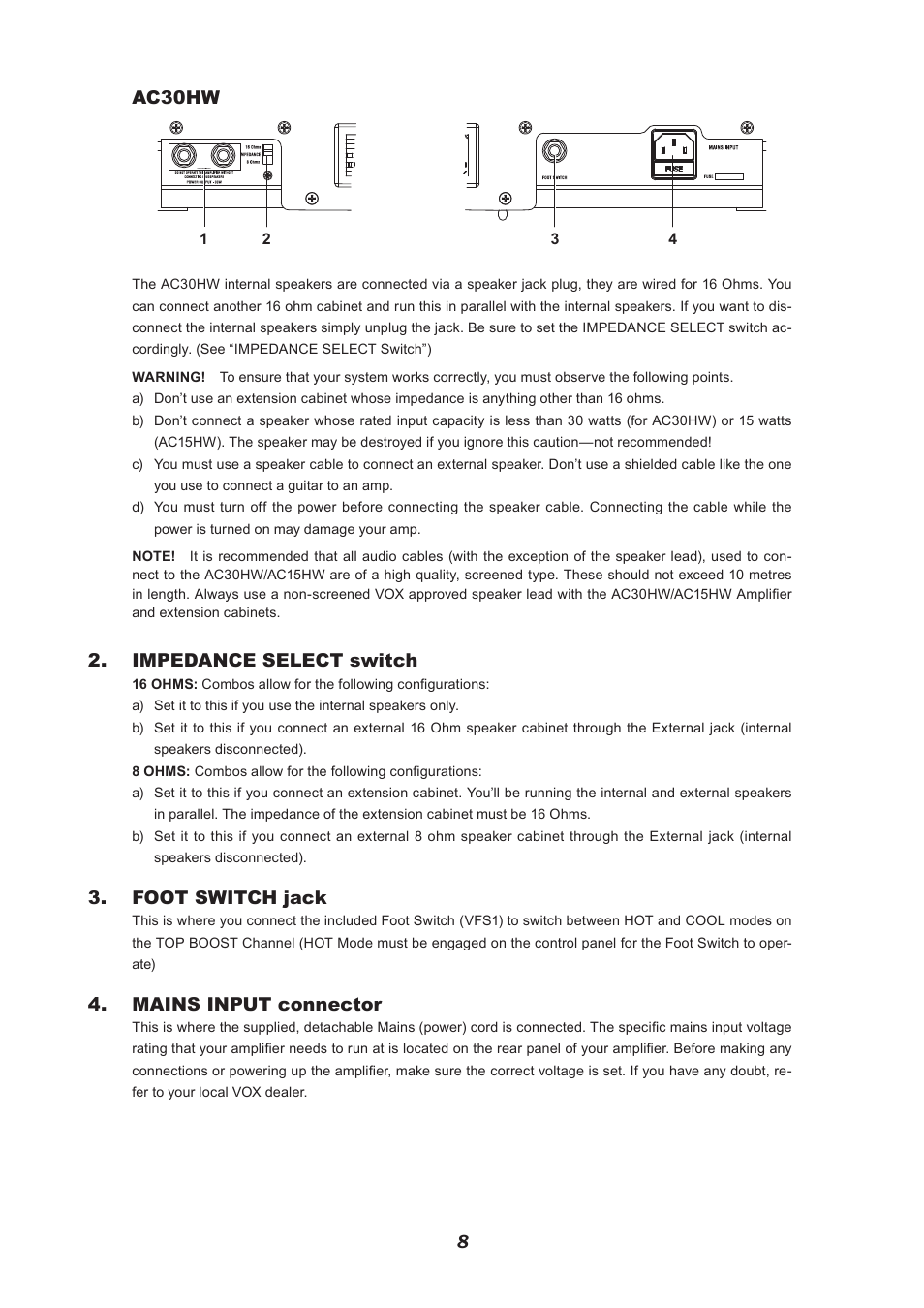 8ac30hw, Impedance select switch, Foot switch jack | Mains input connector | VOX Amplification USA V212HWX User Manual | Page 8 / 28