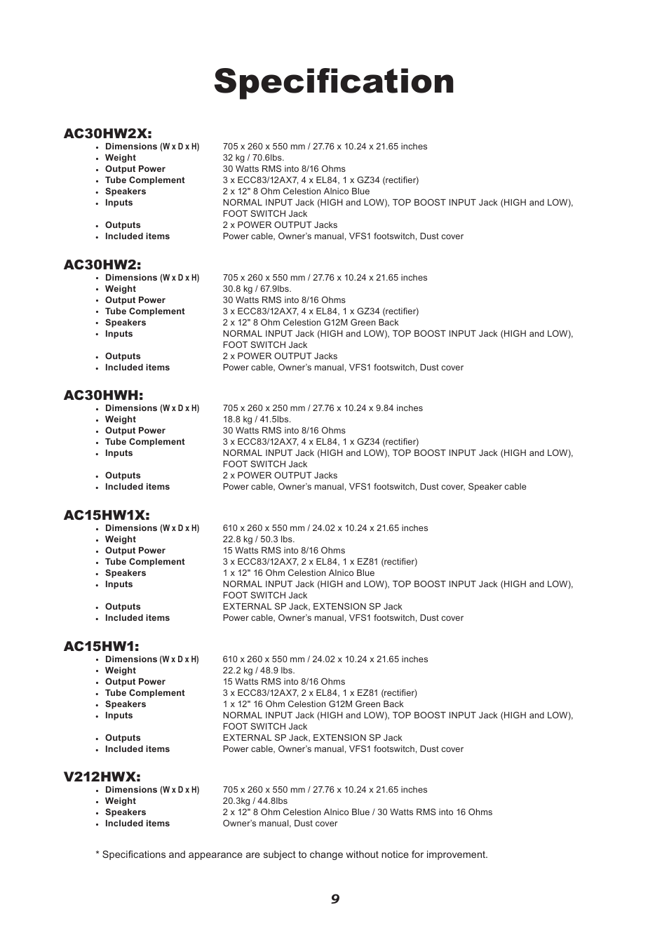 Specification, Ac30hw2x, Ac30hw2 | Ac30hwh, Ac15hw1x, Ac15hw1, V212hwx | VOX Amplification USA V212HWX User Manual | Page 9 / 28