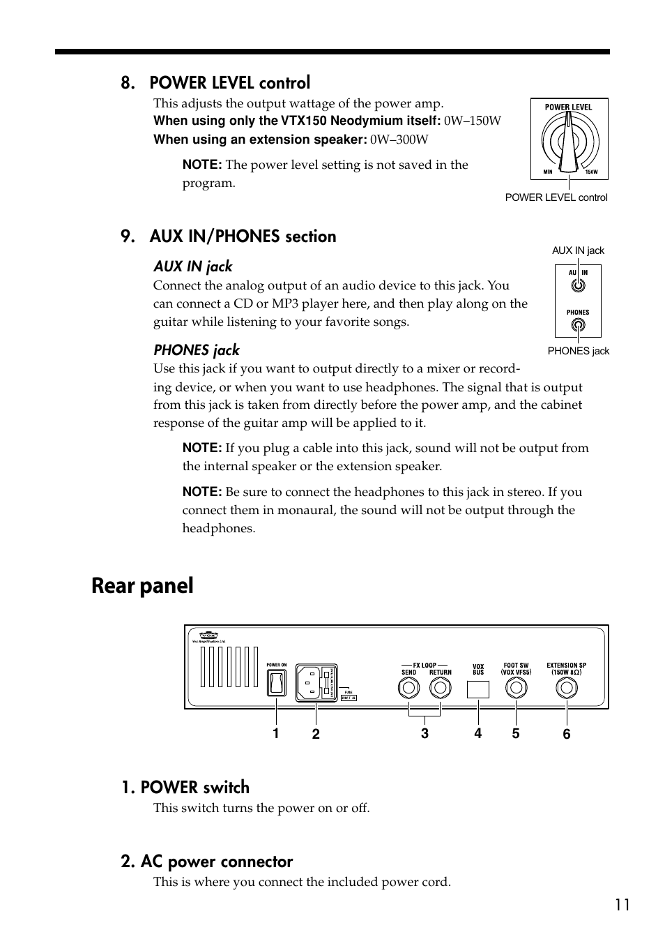 Rear panel, Power level control, Power switch | Ac power connector | VOX Amplification USA VTX150 User Manual | Page 11 / 44