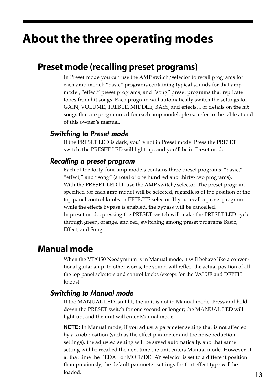 About the three operating modes, Preset mode (recalling preset programs), Manual mode | VOX Amplification USA VTX150 User Manual | Page 13 / 44