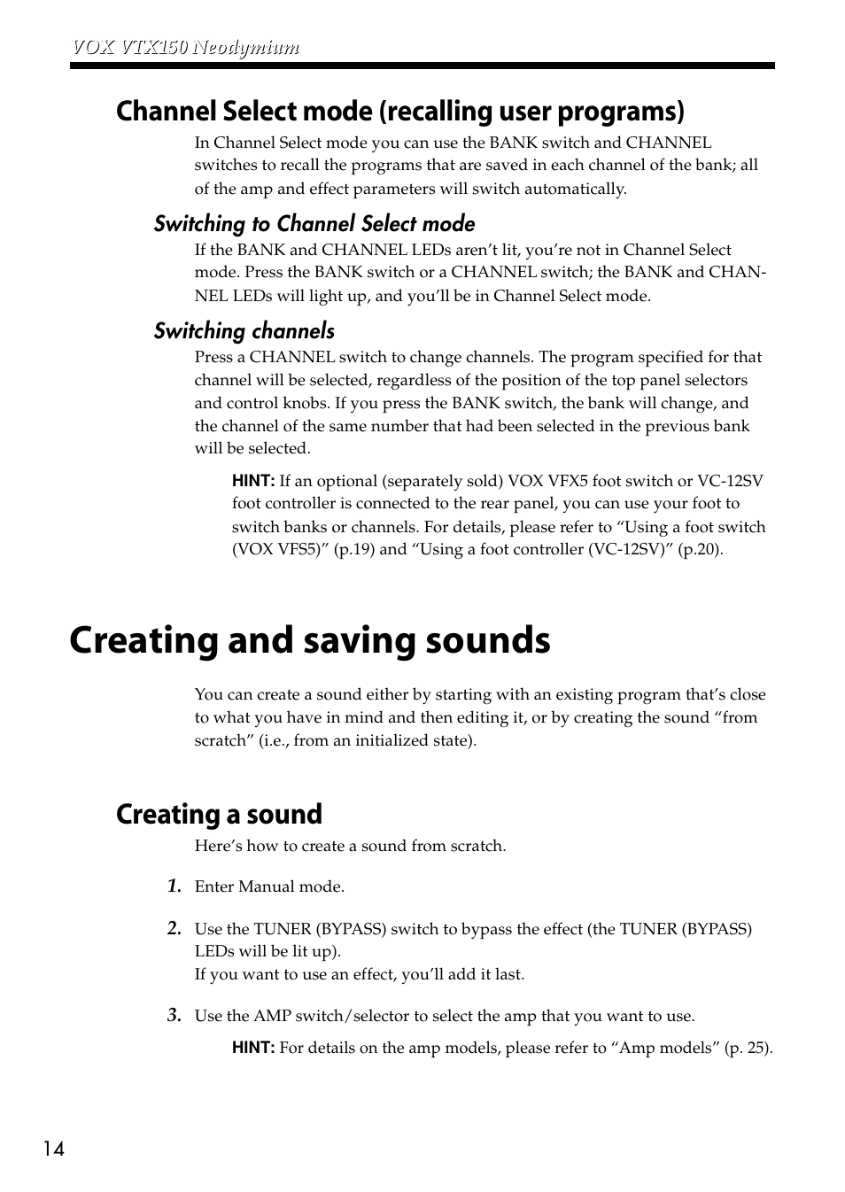 Channel select mode (recalling user programs), Creating and saving sounds, Creating a sound | VOX Amplification USA VTX150 User Manual | Page 14 / 44