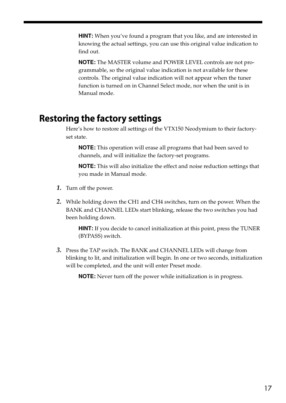 Restoring the factory settings | VOX Amplification USA VTX150 User Manual | Page 17 / 44