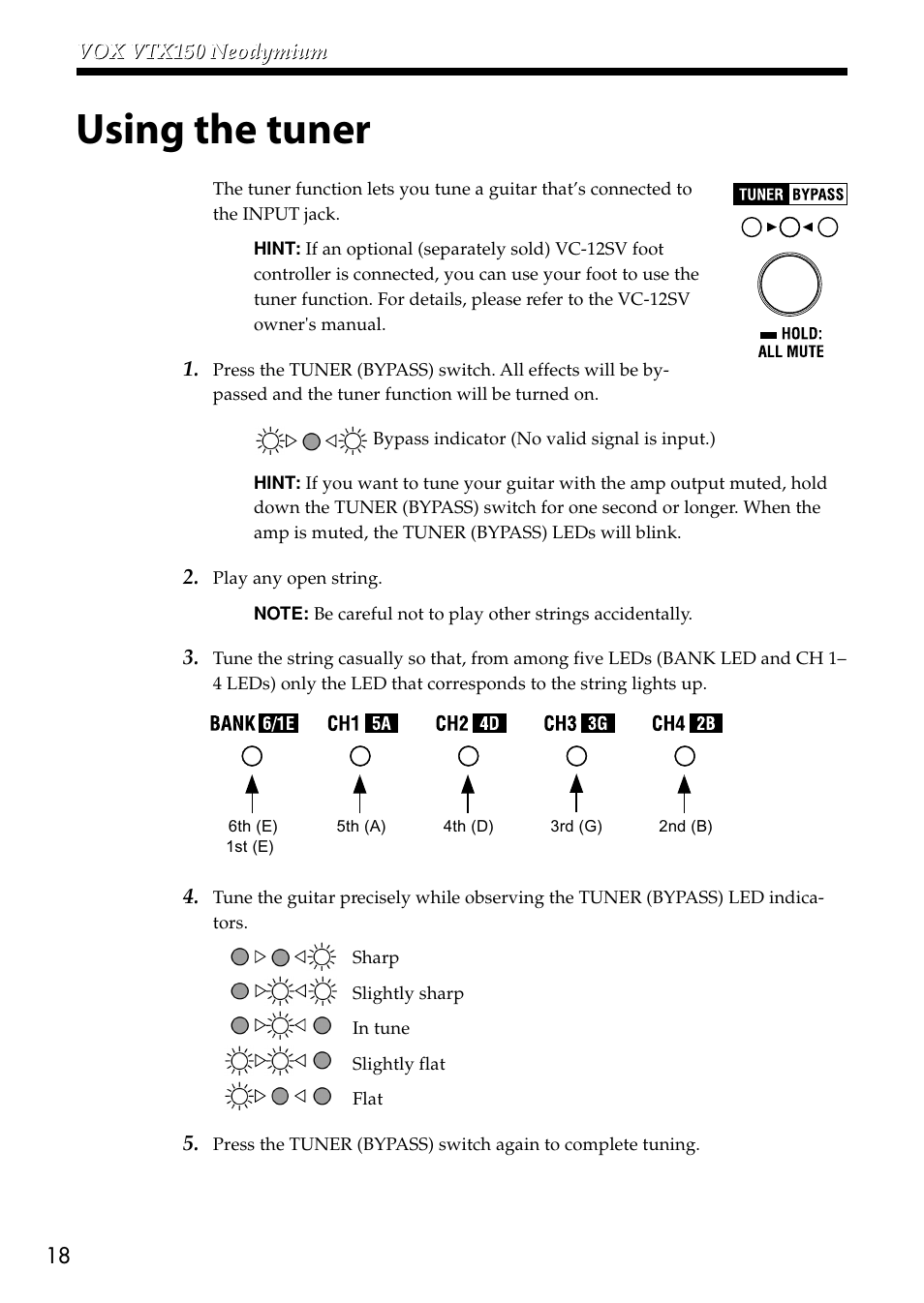 Using the tuner, The tuning status (p. 18 “using the tuner”) | VOX Amplification USA VTX150 User Manual | Page 18 / 44