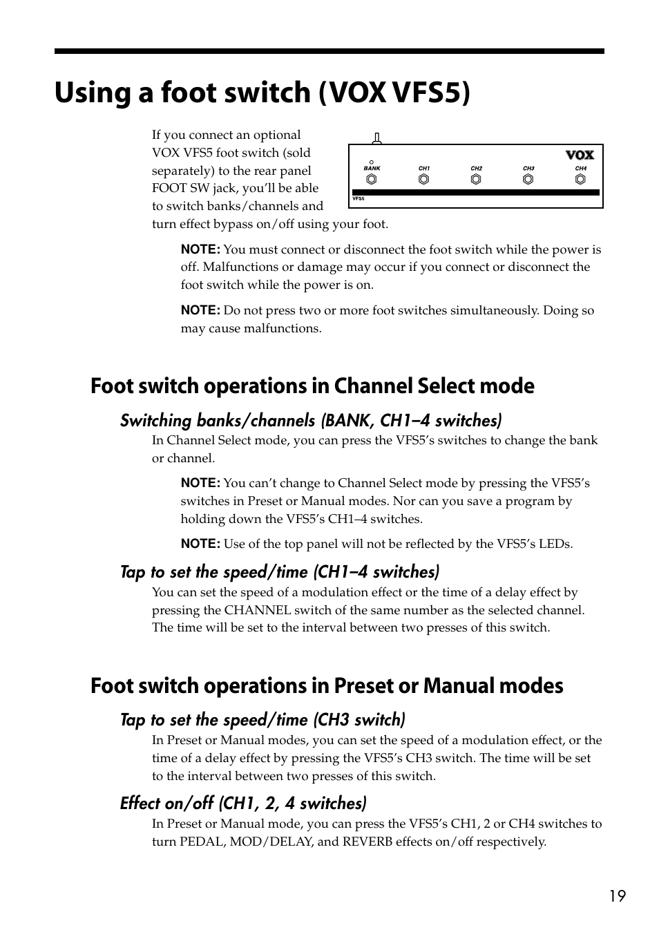 Using a foot switch (vox vfs5), Foot switch operations in channel select mode, Foot switch operations in preset or manual modes | VOX Amplification USA VTX150 User Manual | Page 19 / 44