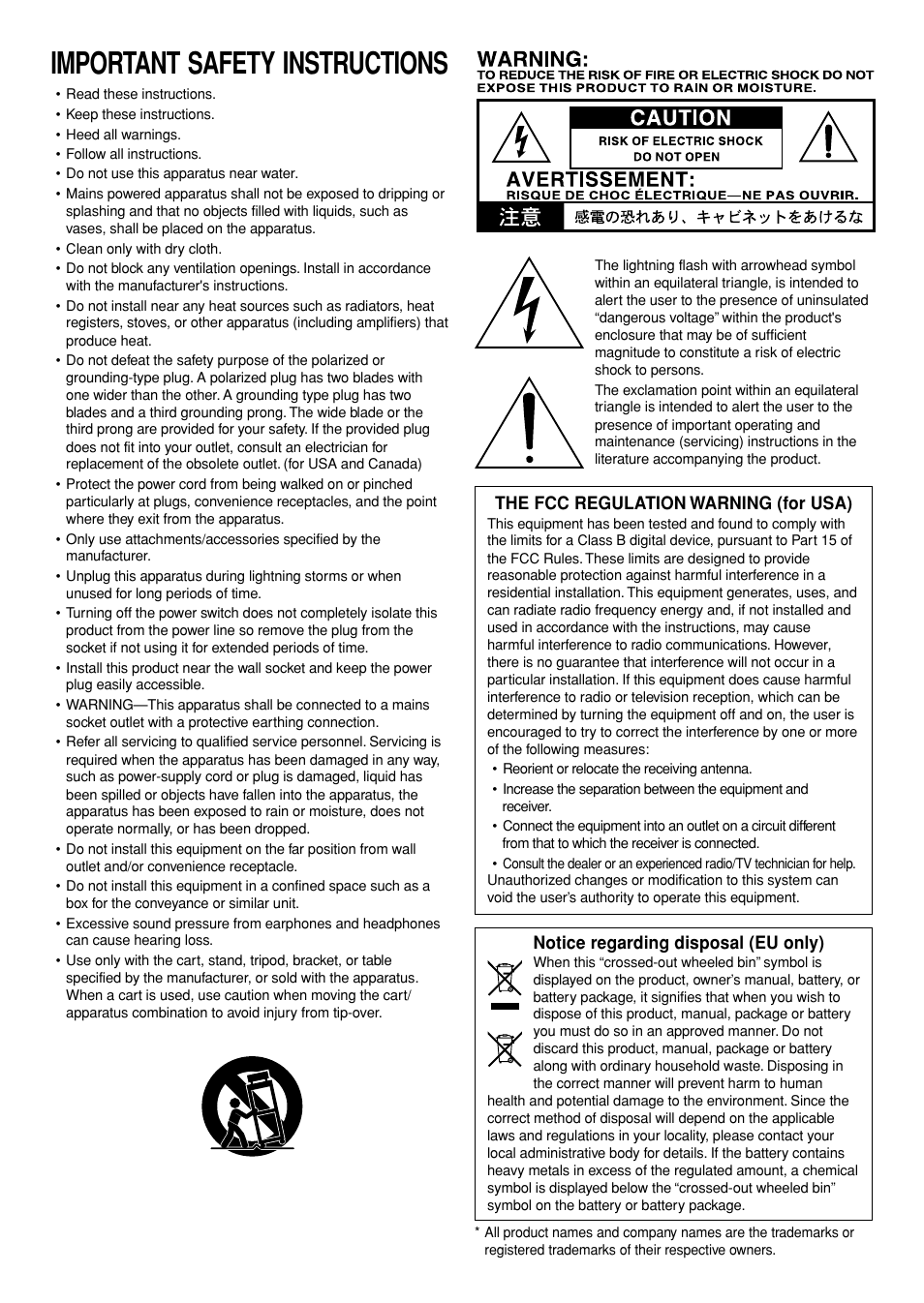 Important safety instructions, The fcc regulation warning (for usa), Notice regarding disposal (eu only) | VOX Amplification USA VTX150 User Manual | Page 2 / 44