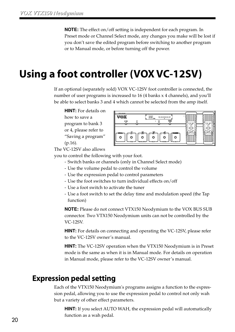 Using a foot controller (vox vc-12sv), Expression pedal setting | VOX Amplification USA VTX150 User Manual | Page 20 / 44