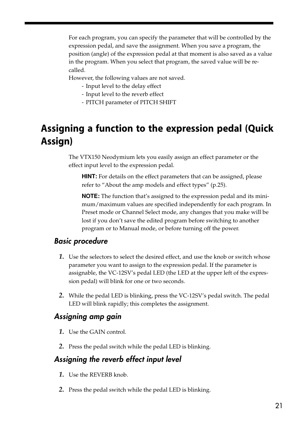 Basic procedure, Assigning amp gain, Assigning the reverb effect input level | VOX Amplification USA VTX150 User Manual | Page 21 / 44