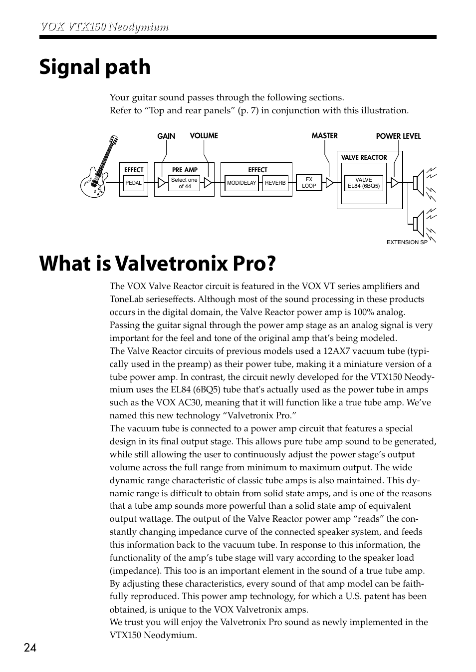 Signal path, What is valvetronix pro, Signal path what is valvetronix pro | VOX Amplification USA VTX150 User Manual | Page 24 / 44