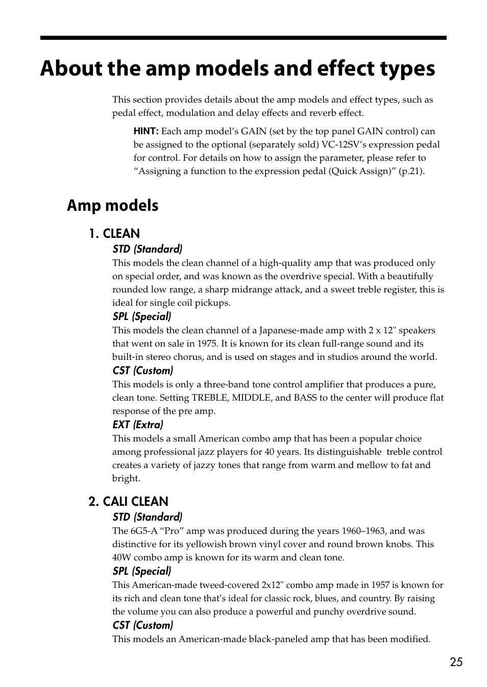 About the amp models and effect types, Amp models | VOX Amplification USA VTX150 User Manual | Page 25 / 44