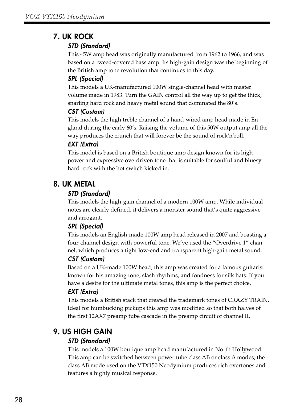 Uk rock, Uk metal, Us high gain | VOX Amplification USA VTX150 User Manual | Page 28 / 44