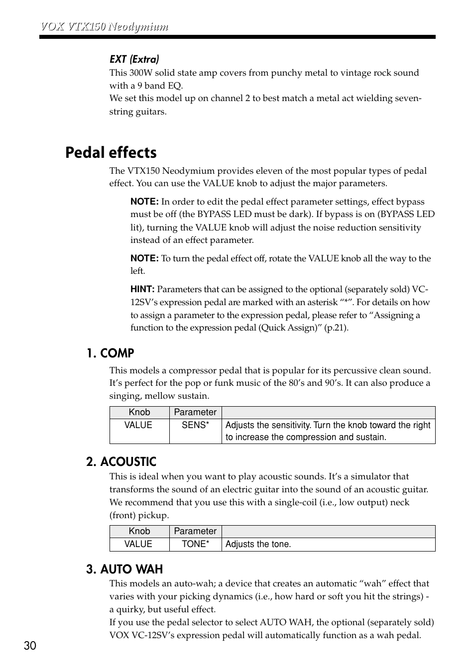 Pedal effects, Efer to “pedal effects” (p. 30), Comp | Acoustic, Auto wah | VOX Amplification USA VTX150 User Manual | Page 30 / 44