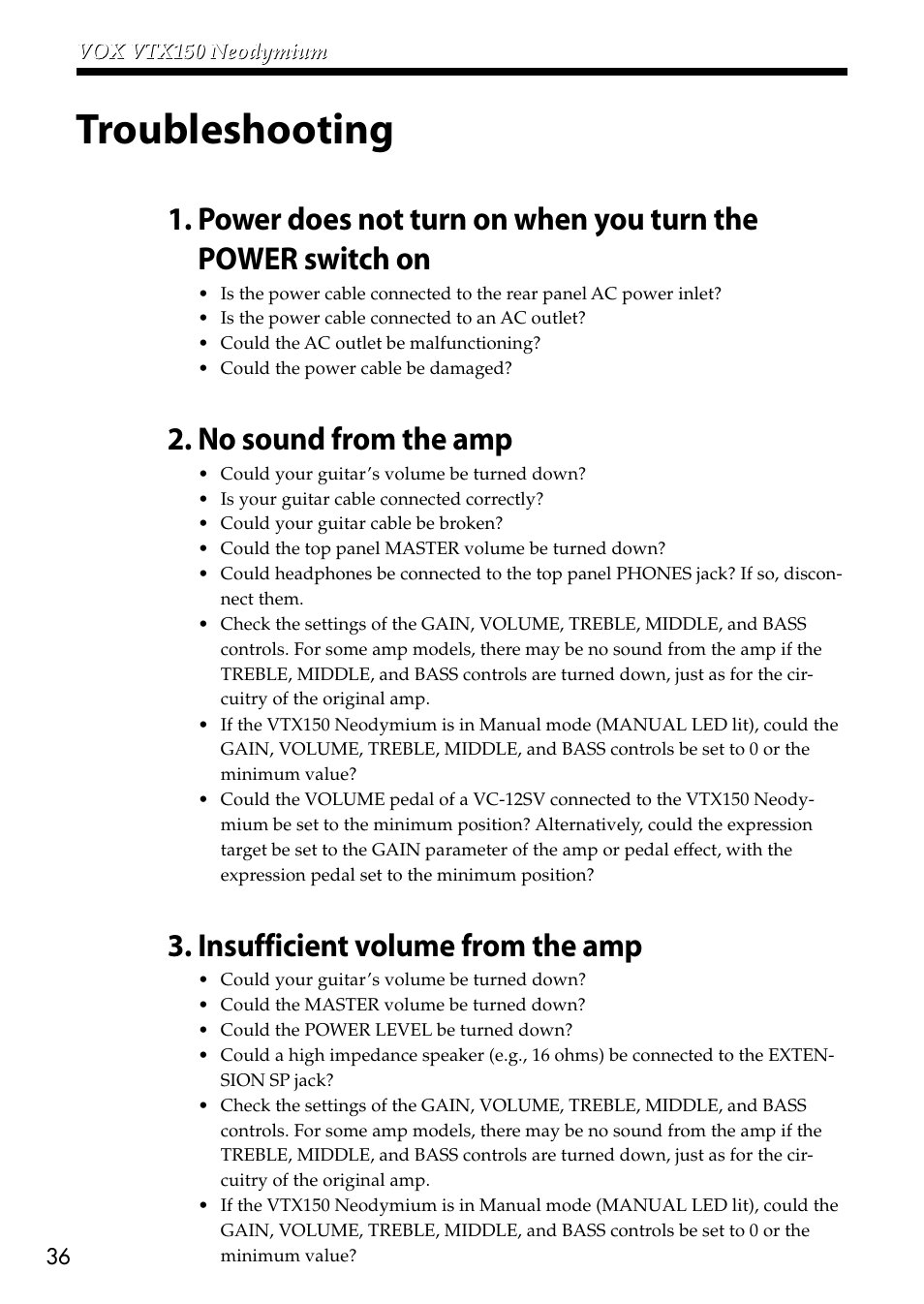 Troubleshooting, No sound from the amp, Insufficient volume from the amp | VOX Amplification USA VTX150 User Manual | Page 36 / 44