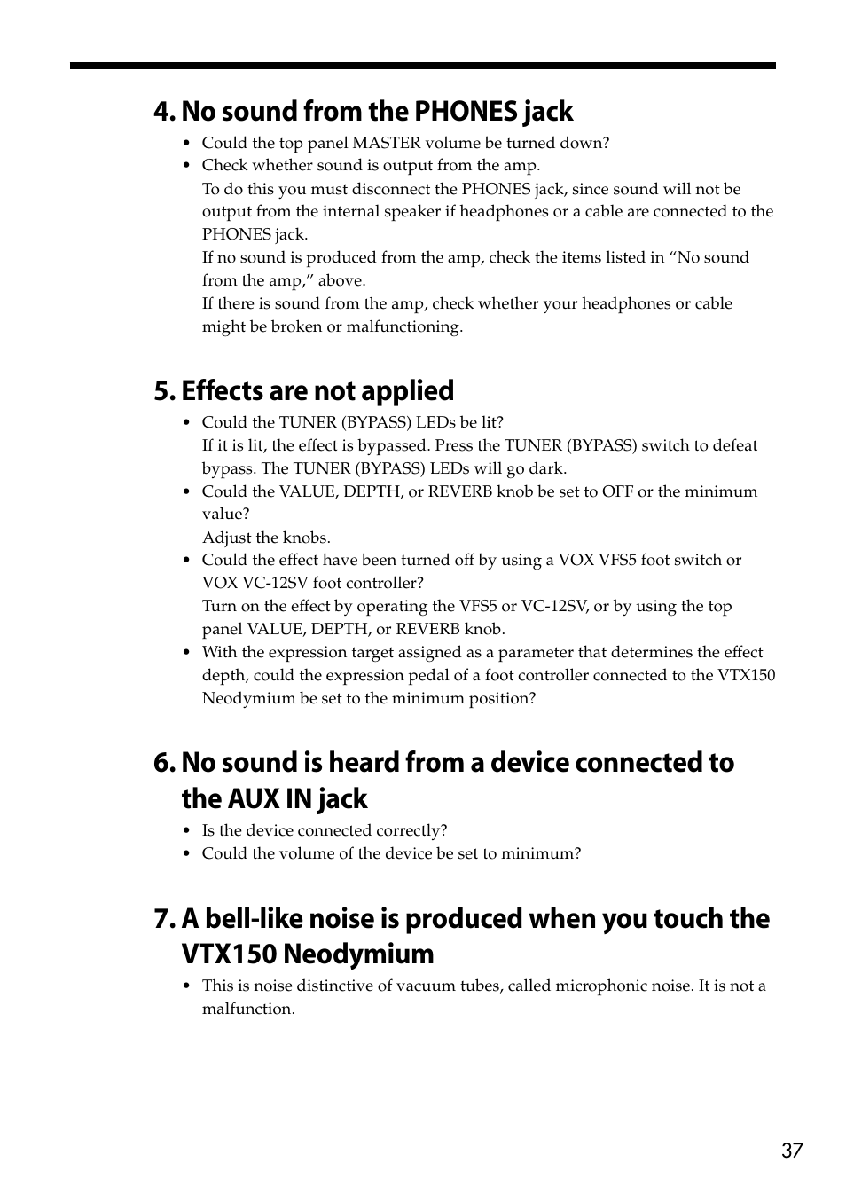 No sound from the phones jack, Effects are not applied | VOX Amplification USA VTX150 User Manual | Page 37 / 44
