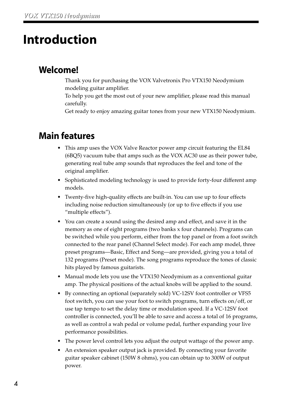 Introduction, Welcome, Main features | Welcome! main features | VOX Amplification USA VTX150 User Manual | Page 4 / 44