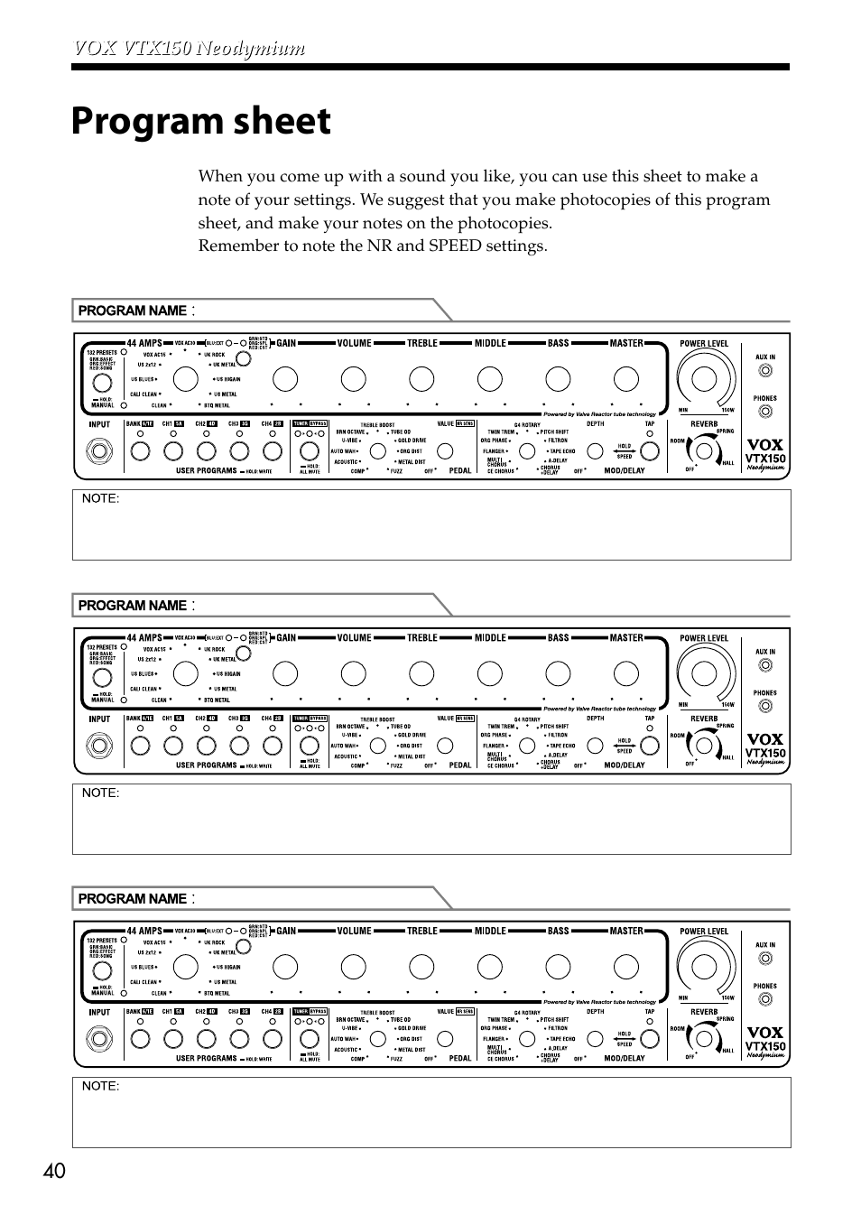 Program sheet | VOX Amplification USA VTX150 User Manual | Page 40 / 44