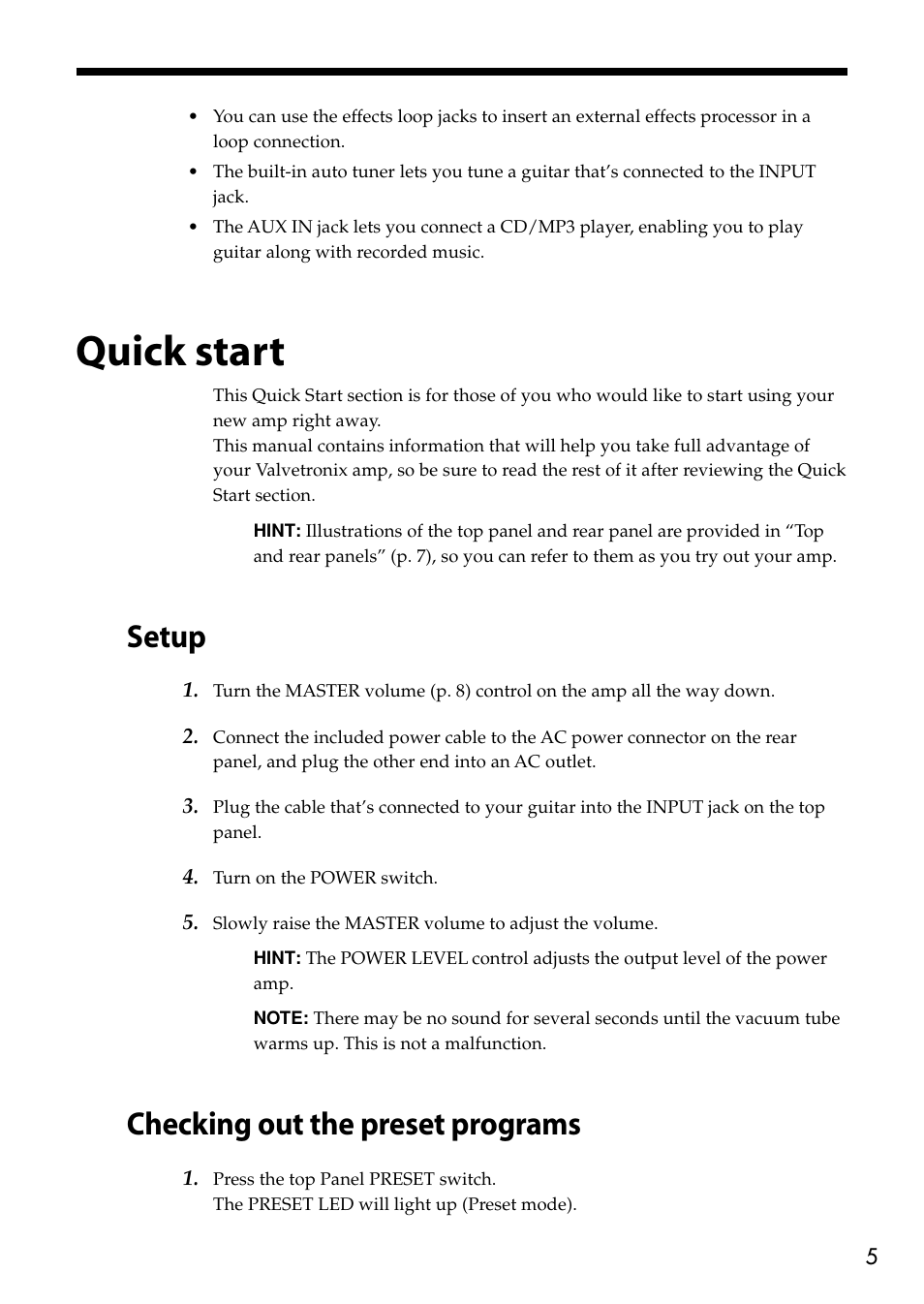 Quick start, Setup, Checking out the preset programs | Setup checking out the preset programs | VOX Amplification USA VTX150 User Manual | Page 5 / 44