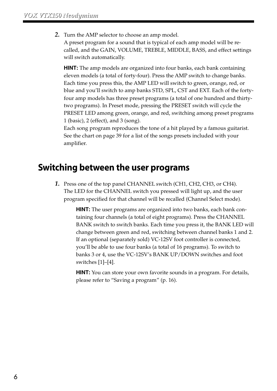 Switching between the user programs | VOX Amplification USA VTX150 User Manual | Page 6 / 44