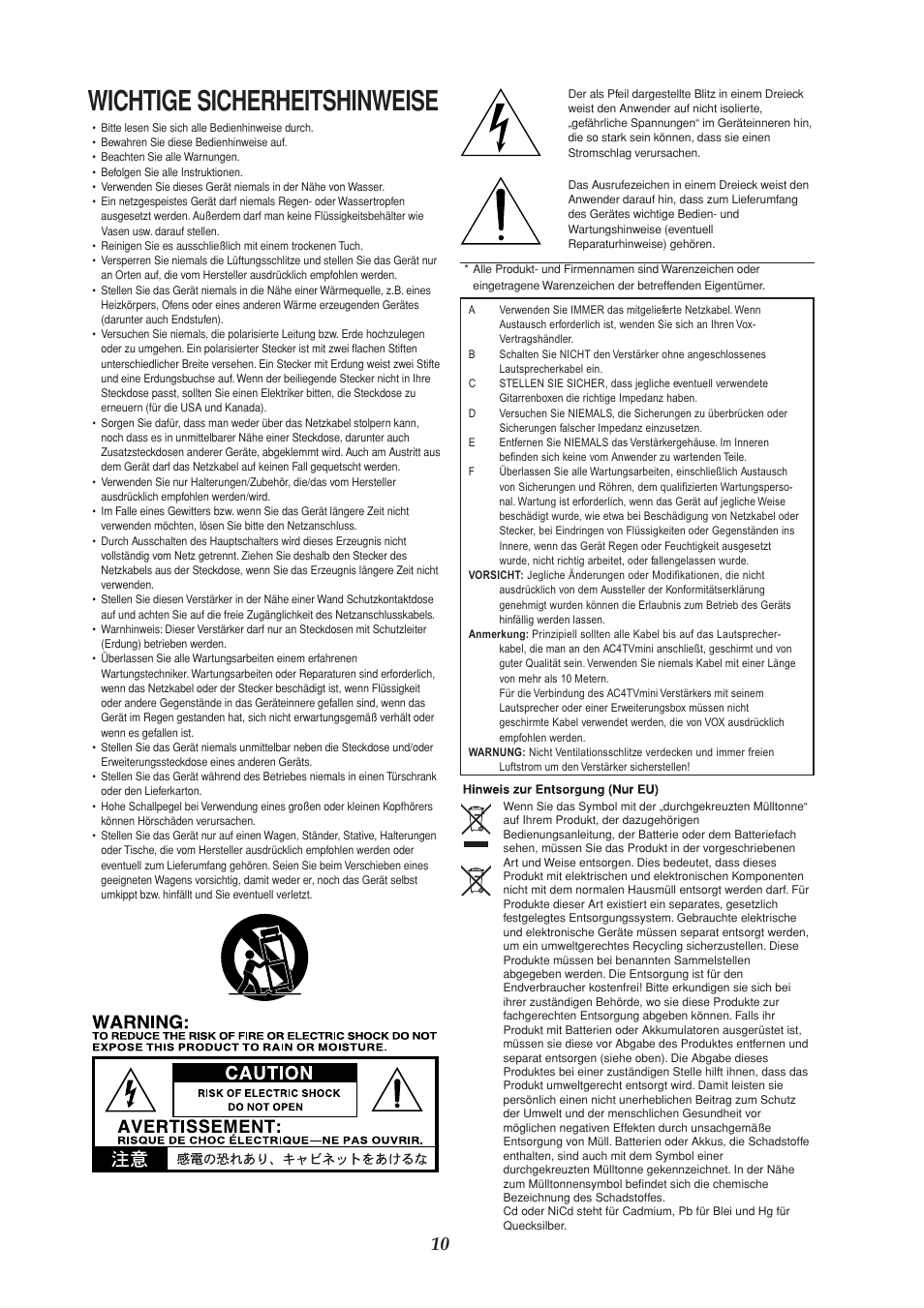Wichtige sicherheitshinweise | VOX Amplification USA AC4TVMINI User Manual | Page 10 / 18