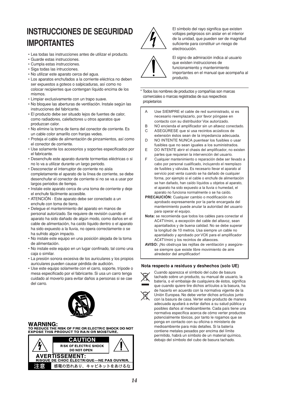 Instrucciones de seguridad importantes | VOX Amplification USA AC4TVMINI User Manual | Page 14 / 18