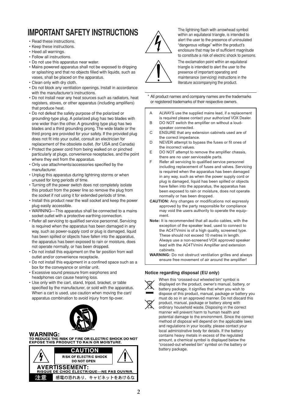 Important safety instructions | VOX Amplification USA AC4TVMINI User Manual | Page 2 / 18