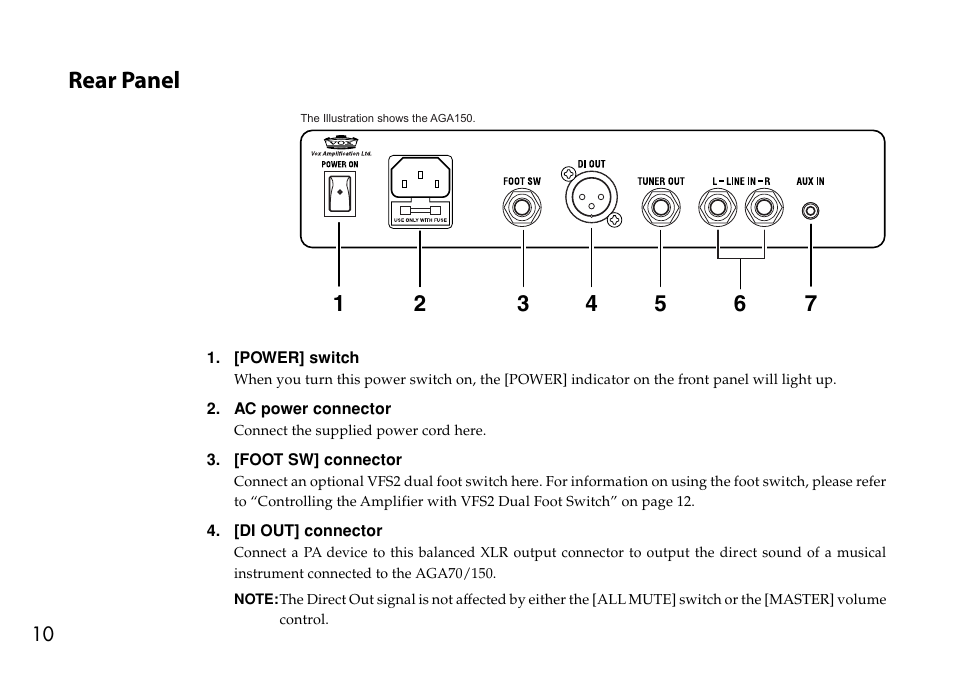 Rear panel | VOX Amplification USA AGA70 User Manual | Page 10 / 16