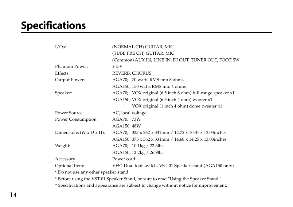 Specifications | VOX Amplification USA AGA70 User Manual | Page 14 / 16