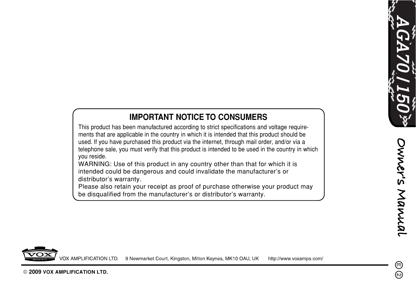 Important notice to consumers | VOX Amplification USA AGA70 User Manual | Page 16 / 16