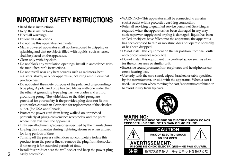 Important safety instructions | VOX Amplification USA AGA70 User Manual | Page 2 / 16