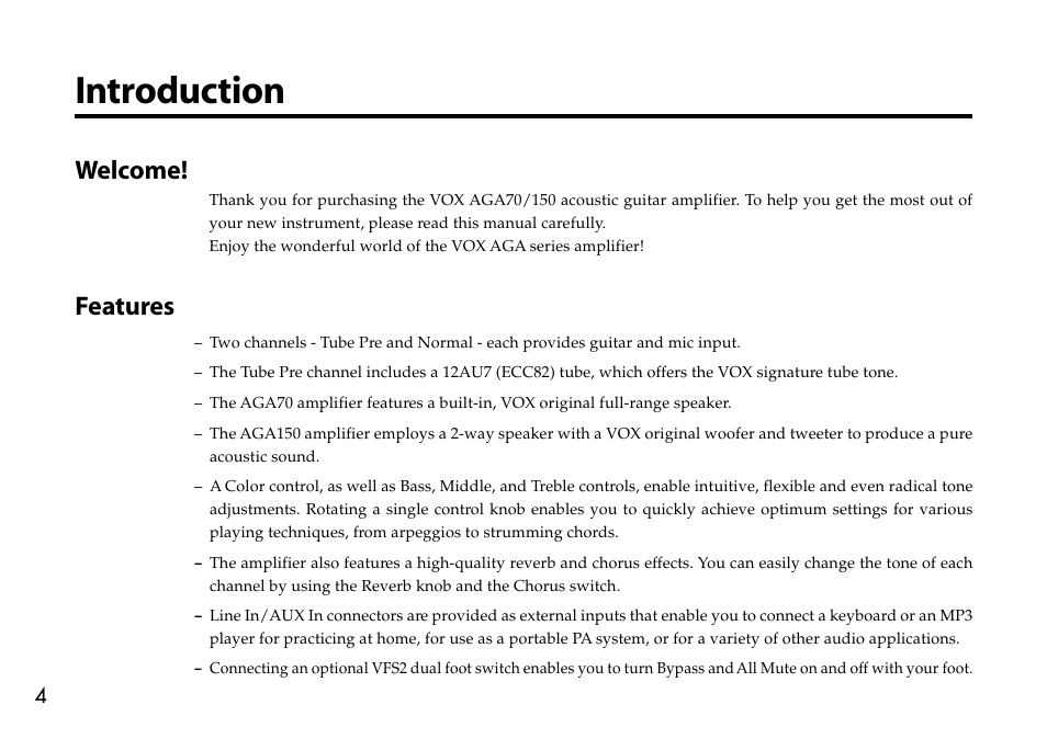 Introduction, Welcome, Features | VOX Amplification USA AGA70 User Manual | Page 4 / 16