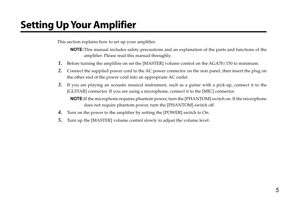Setting up your amplifier | VOX Amplification USA AGA70 User Manual | Page 5 / 16