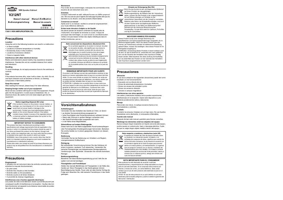 VOX Amplification USA V212NT User Manual | 2 pages