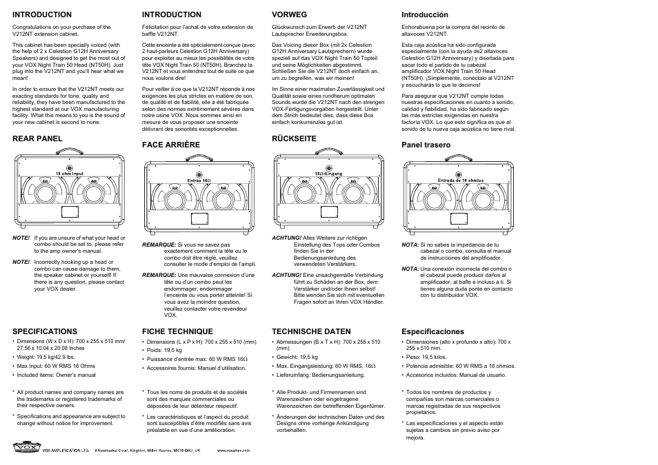 VOX Amplification USA V212NT User Manual | Page 2 / 2