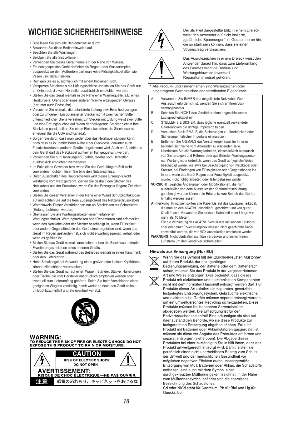 Deutsch, Wichtige sicherheitshinweise | VOX Amplification USA AC4TVH User Manual | Page 10 / 18
