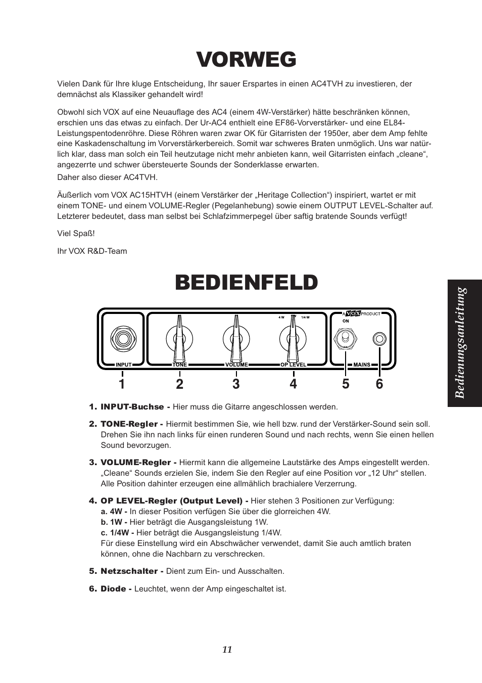 Vorweg, Bedienfeld, Bedienungsanleitung | VOX Amplification USA AC4TVH User Manual | Page 11 / 18