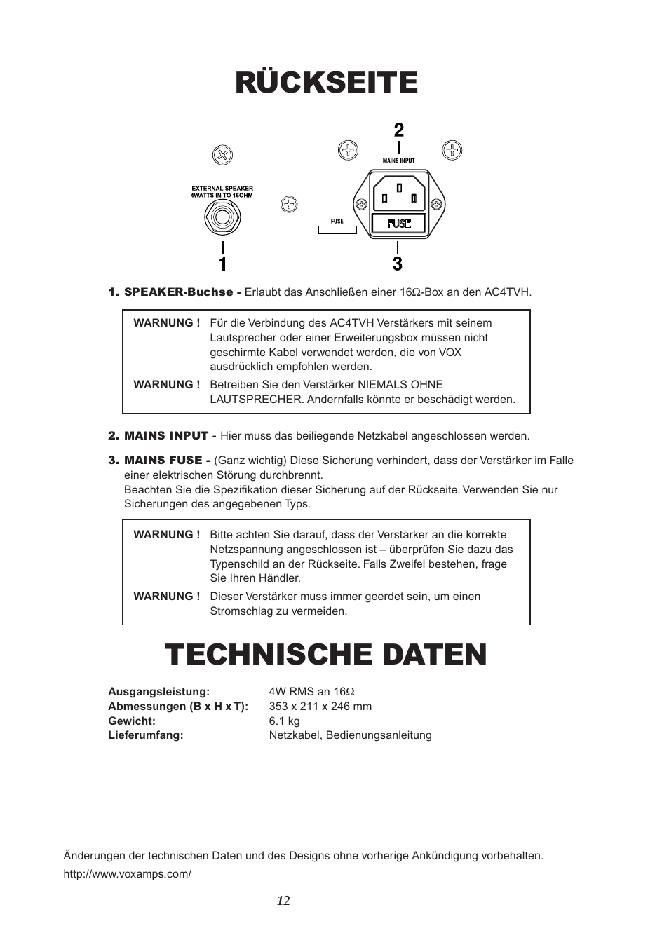 Rückseite, Technische daten | VOX Amplification USA AC4TVH User Manual | Page 12 / 18