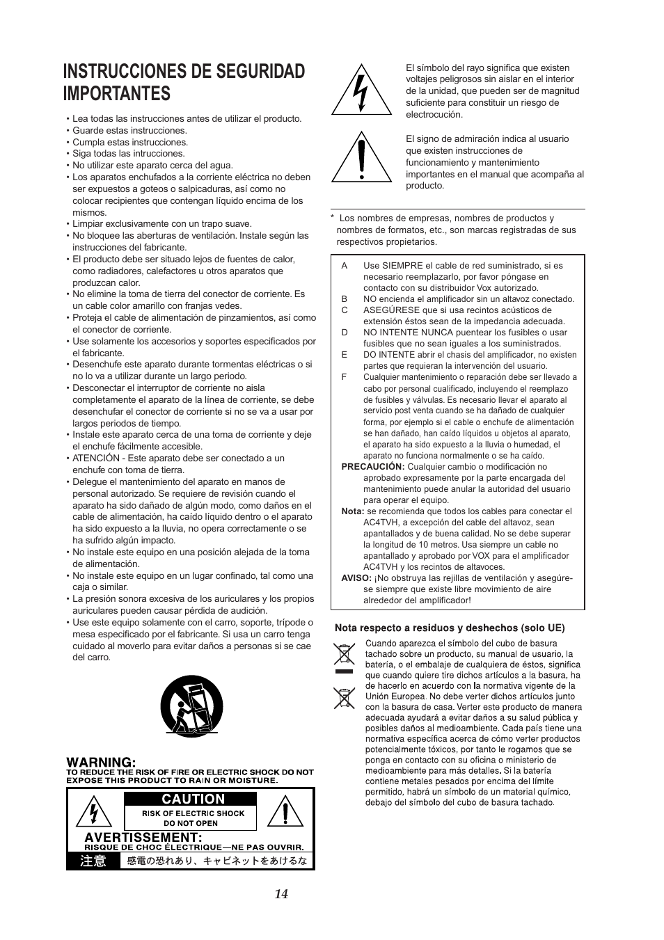 Español, Instrucciones de seguridad importantes | VOX Amplification USA AC4TVH User Manual | Page 14 / 18