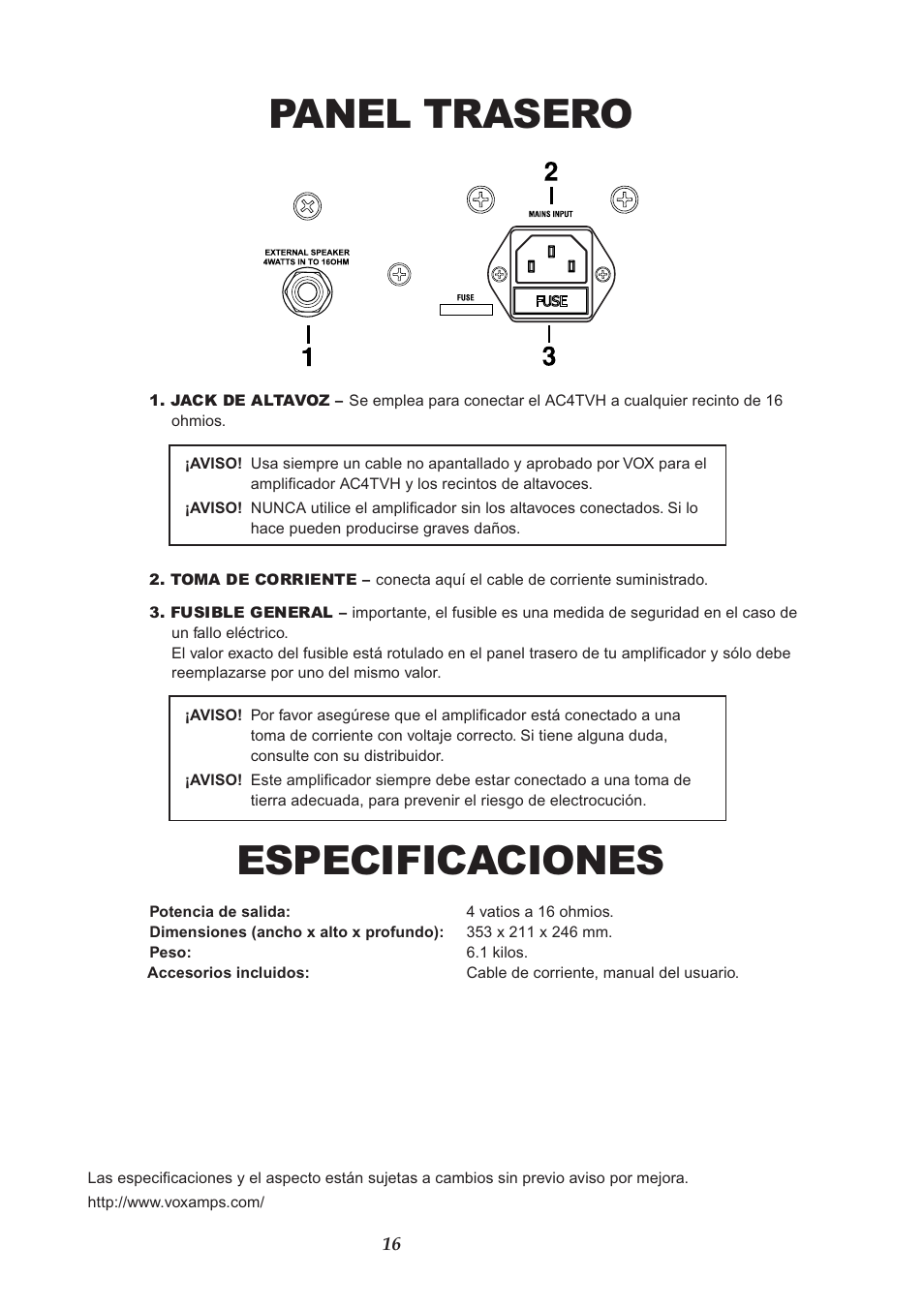 Panel trasero, Especificaciones | VOX Amplification USA AC4TVH User Manual | Page 16 / 18