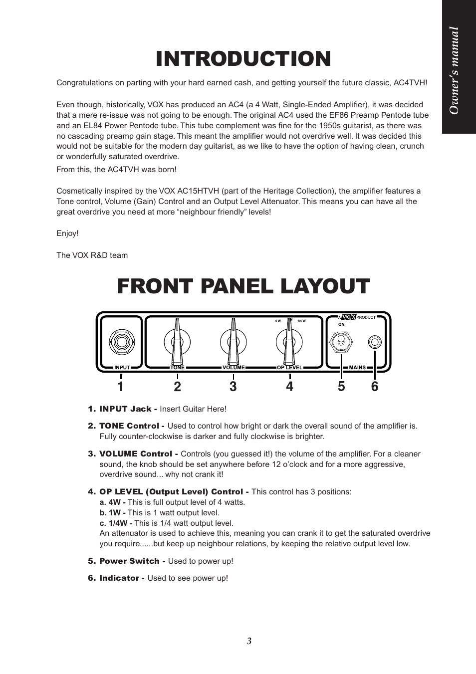 Introduction, Front panel layout, Owner ’s manual | VOX Amplification USA AC4TVH User Manual | Page 3 / 18