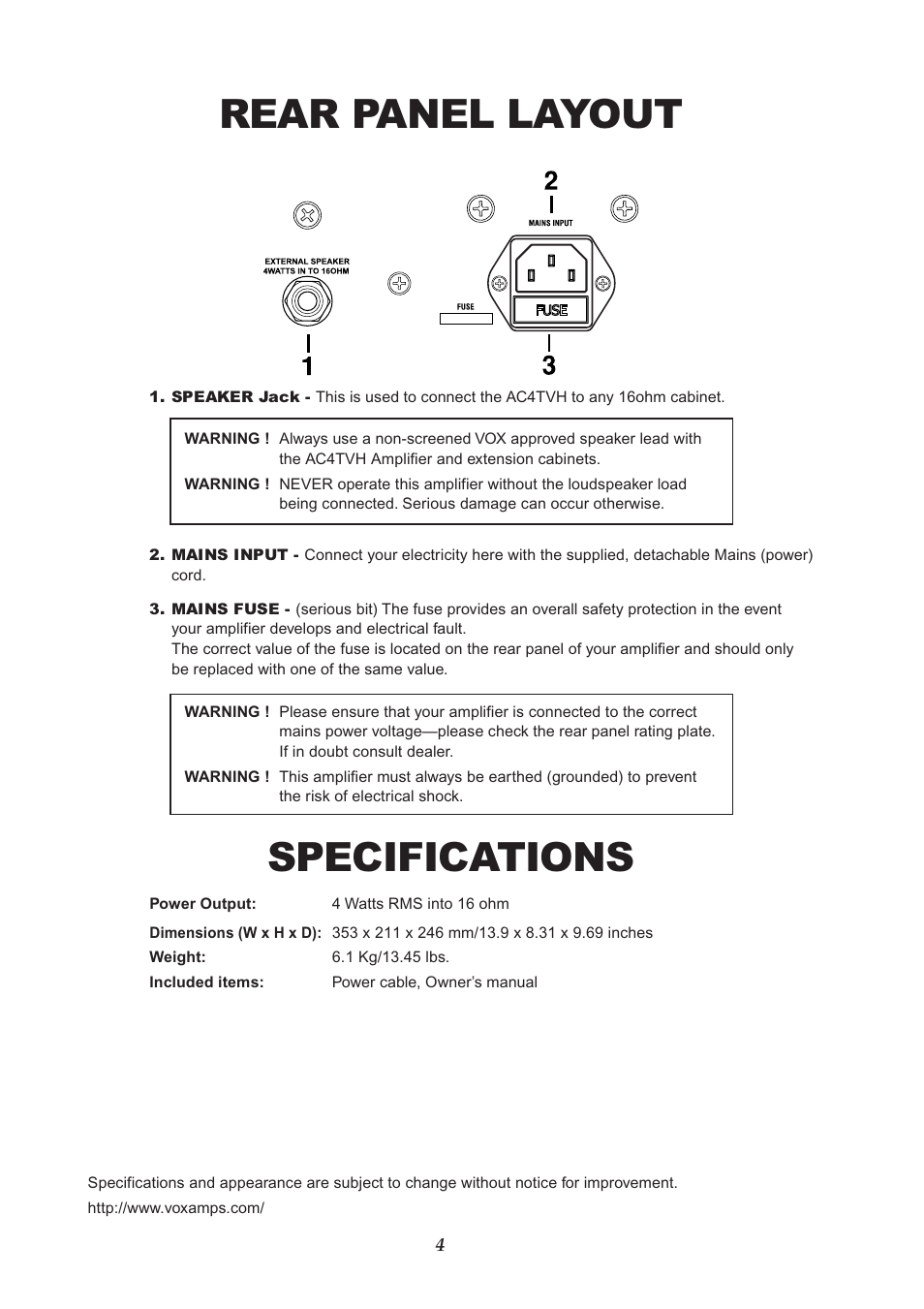 Rear panel layout, Specifications | VOX Amplification USA AC4TVH User Manual | Page 4 / 18