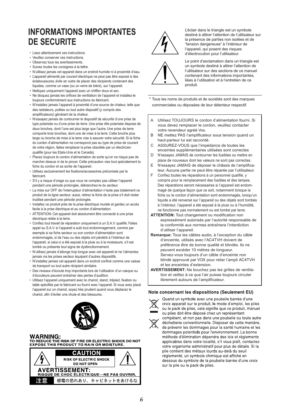 Français, Informations importantes de securite | VOX Amplification USA AC4TVH User Manual | Page 6 / 18