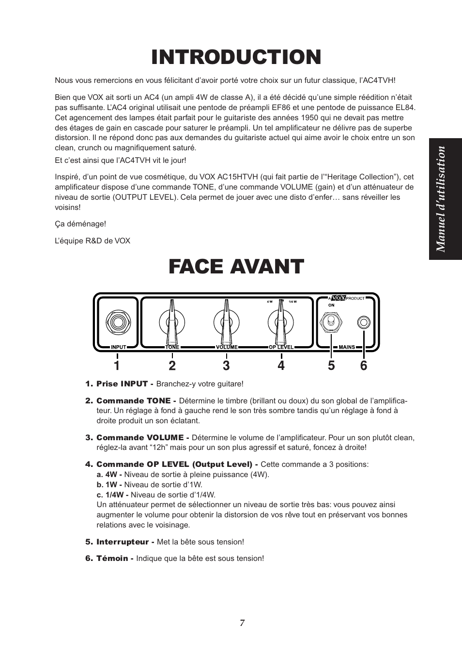 Introduction, Face avant, Manuel d’utilisation | VOX Amplification USA AC4TVH User Manual | Page 7 / 18