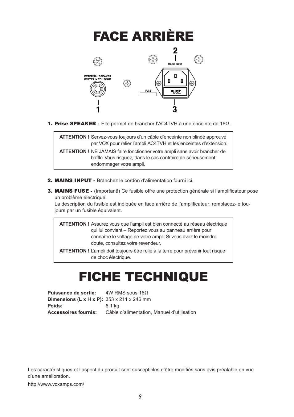 Face arrière, Fiche technique | VOX Amplification USA AC4TVH User Manual | Page 8 / 18