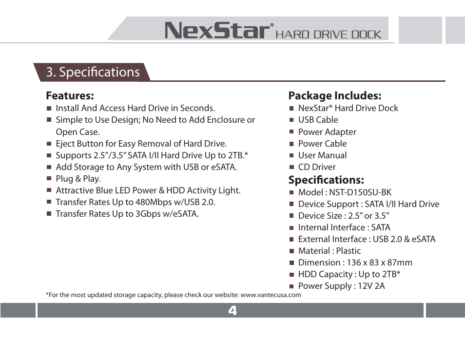 Specifications | Vantec NST-D150SU-BK User Manual | Page 5 / 23