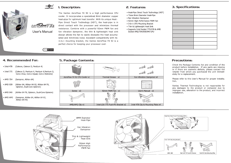 Vantec CPU Cooler VAF-9225 User Manual | 2 pages