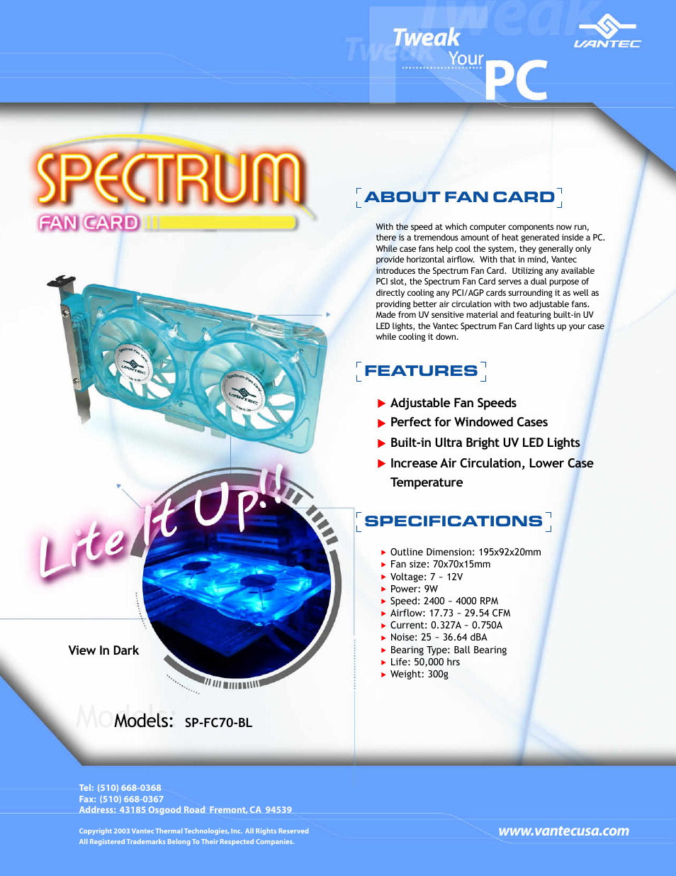 Vantec Spectrum Fan Card SP-FC70-BL User Manual | 1 page